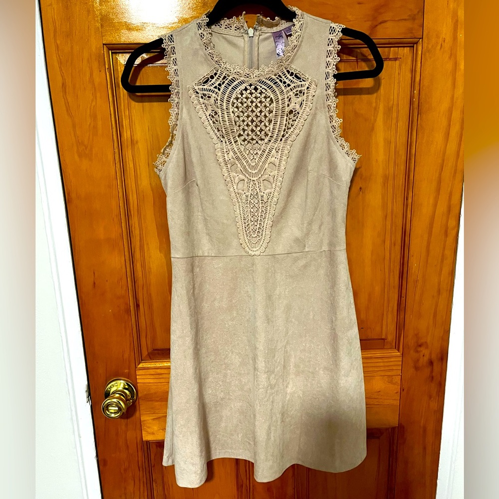 Fit and flare faux suede dress with lace detailing